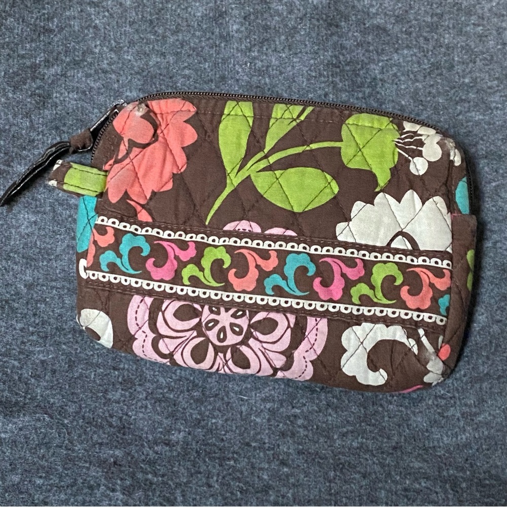 Vera Bradly Brown and Green Floral Cosmetic Bag with Geometric Accent Paisley